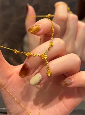 新中式金色玫瑰花项链女复古文艺气质花朵吊坠锁骨链送女友礼物潮