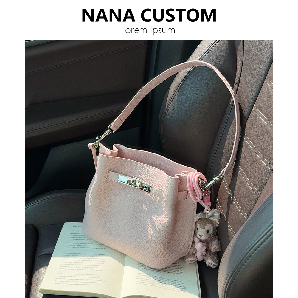 真皮粉色腋下包高级感凯莉水桶包