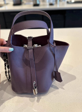 紫色菜篮子包女头层牛皮水桶包大容量2025新款高级感手提子母包包