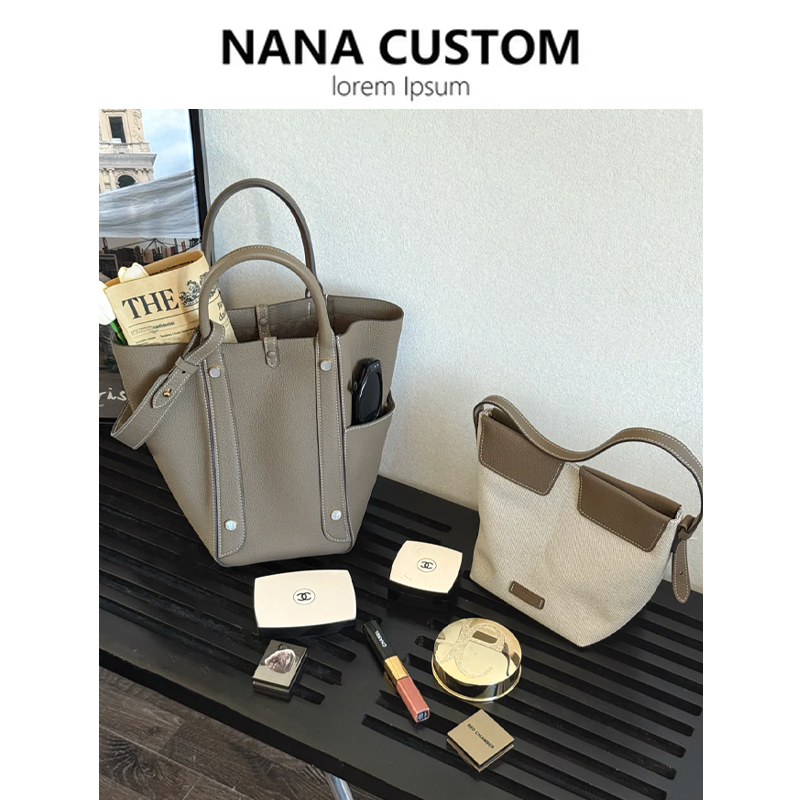 大象灰真皮水桶包大容量菜篮子包