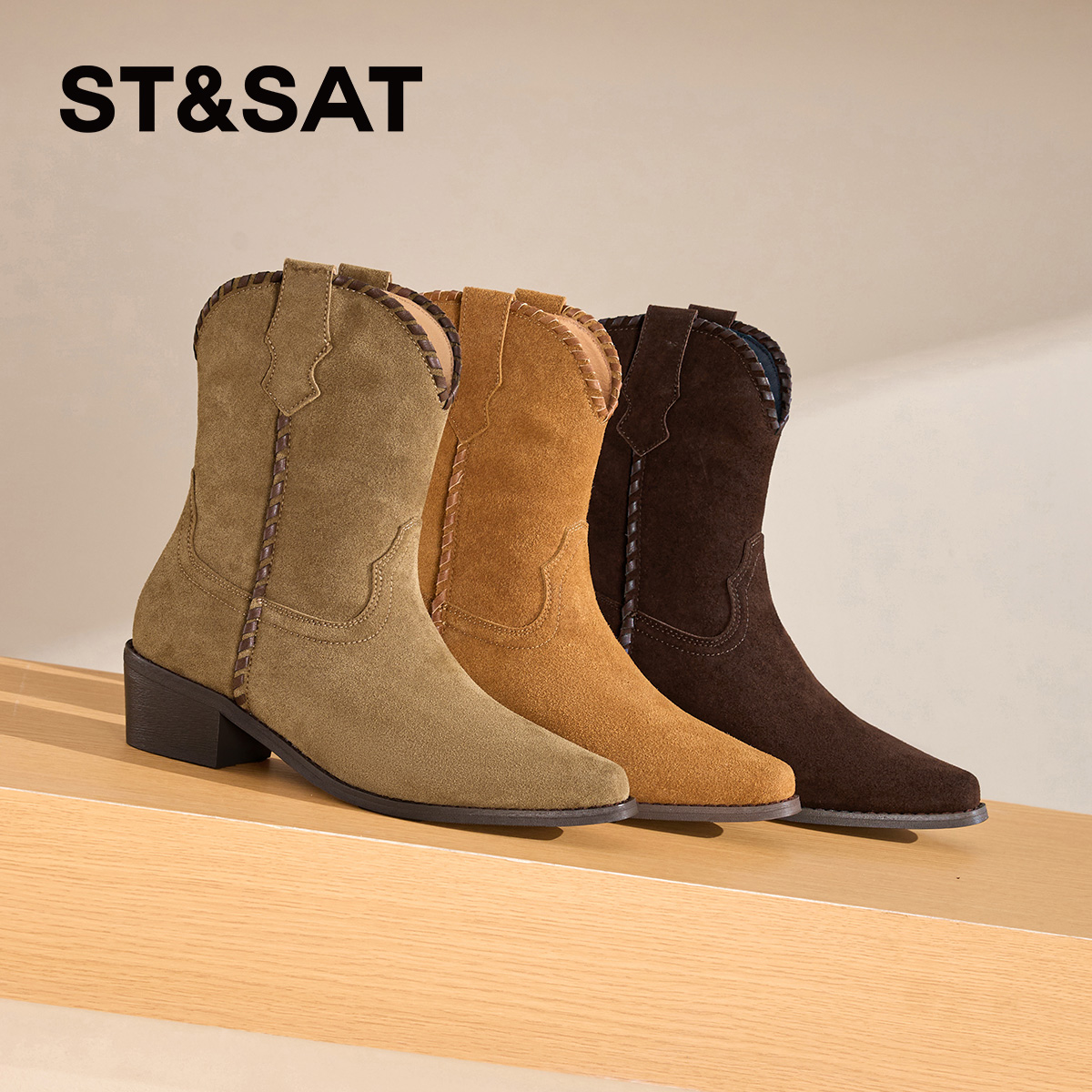 星期六尖头粗跟复古时尚时装靴2025秋季新款舒适百搭短筒靴女靴