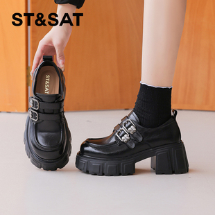 星期六厚底增高7cm乐福鞋女2026新款春季粗跟单鞋英伦风黑色皮鞋