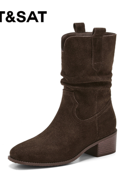 星期六堆堆靴中筒西部牛仔靴女2025新款美拉德粗跟真皮短靴时装靴