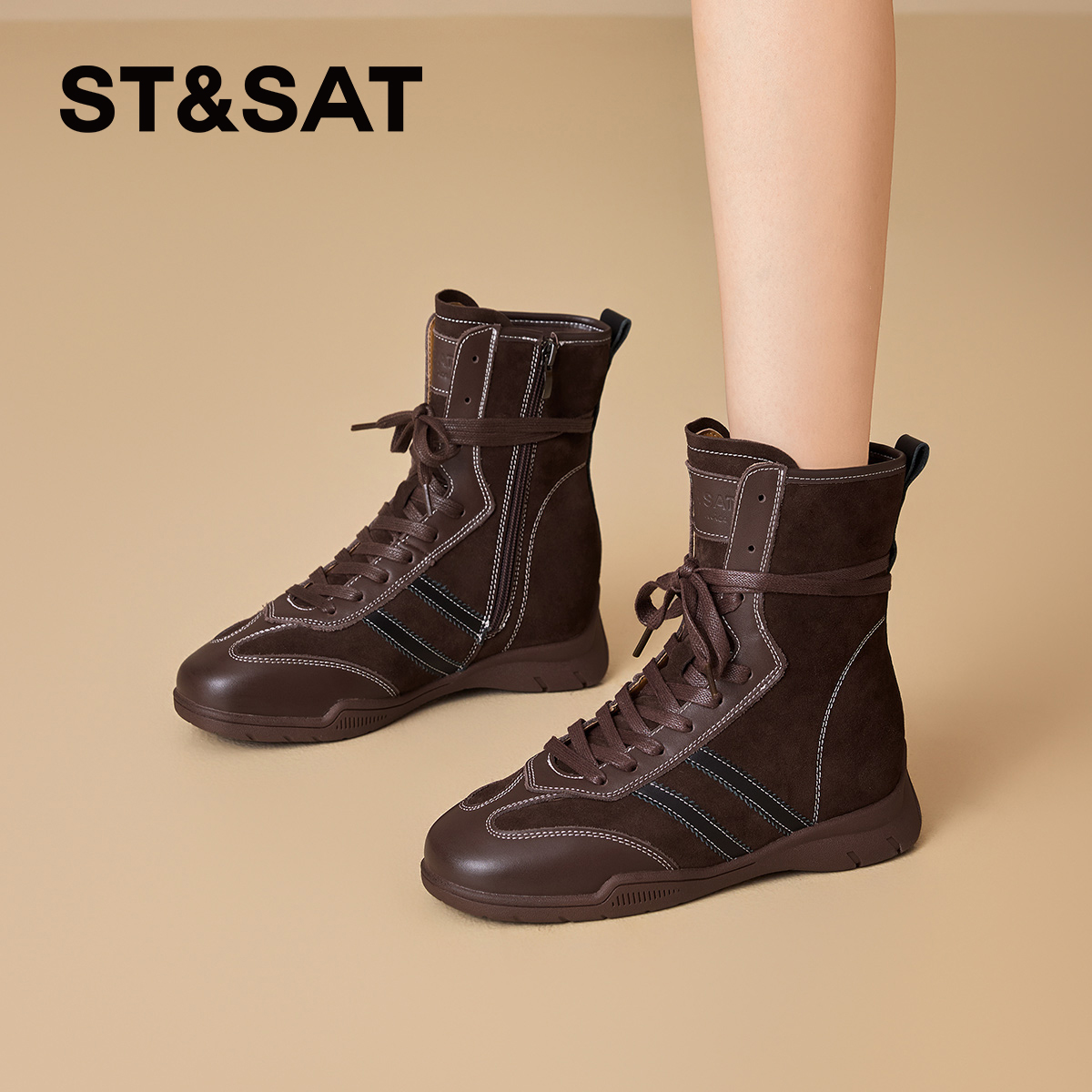 星期六复古拼色时尚百搭高帮短靴2025秋季新款厚底增高拳击靴女靴