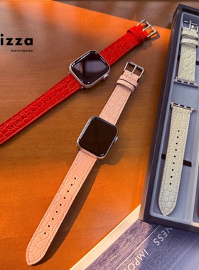 红色石头纹真皮表带适用苹果手表s11配Appleiwatch10987ultra腕带