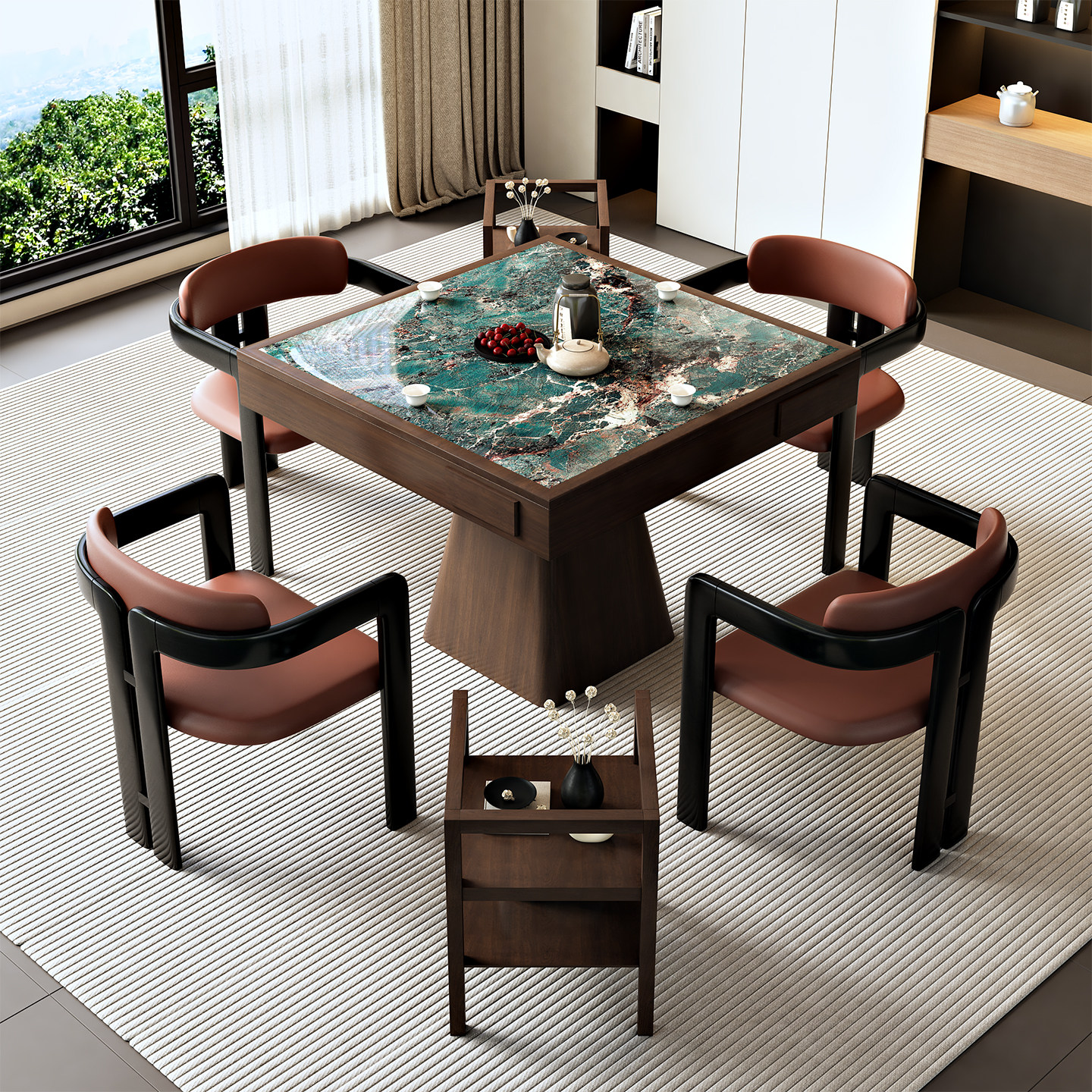 掼蛋专用岩板实木八仙棋牌桌椅图片