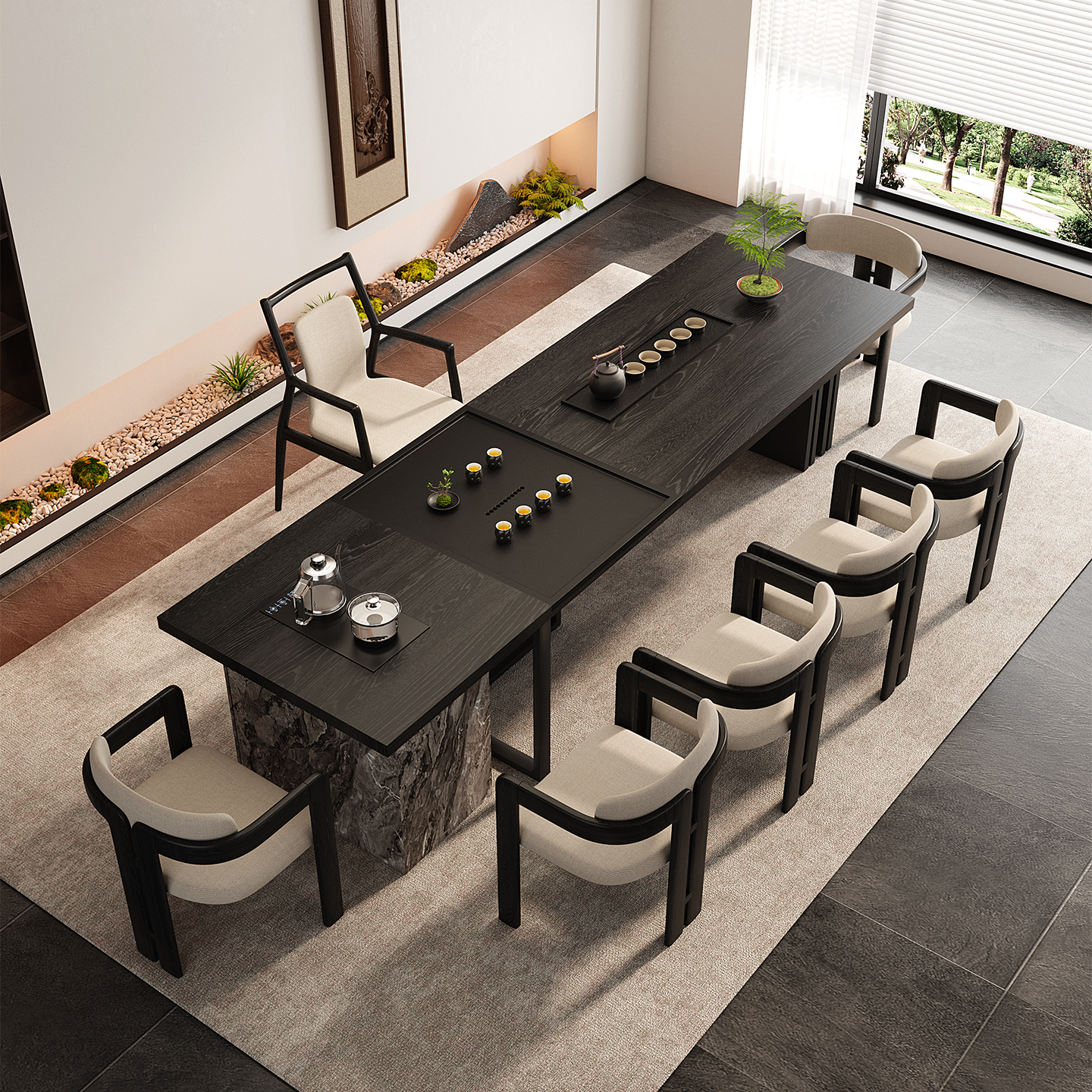 黑色茶桌椅组合茶盘烧水壶一体