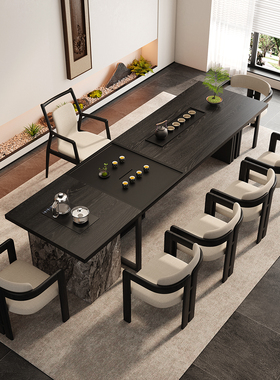 黑色茶桌椅组合带茶盘烧水壶一体酒店大堂办公室会客厅大型泡茶桌