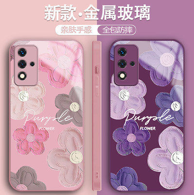 oppoa93s手机壳opooa93s紫色英文花朵0ppo金属漆玻璃壳opp0a小清新PFGM00网红简约时尚女款全包防摔保护套潮