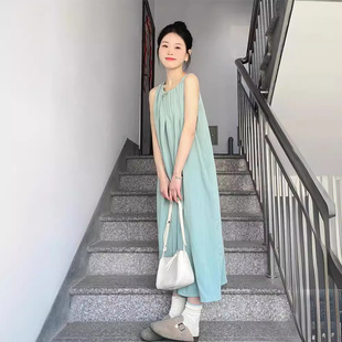 夏云南旅游穿搭宽松吊带沙滩长款 海边度假露背直筒连衣裙女装 裙子