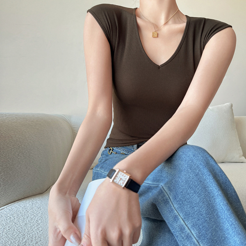 螺纹针织V领无袖打底衫女西装内搭正肩t恤大码可外穿修身上衣服