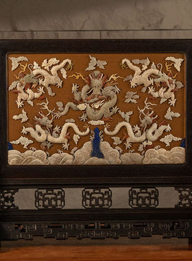 清代紫檀镶黄漆地百宝嵌龙纹插屏文玩古董收藏办公室中式摆件屏风