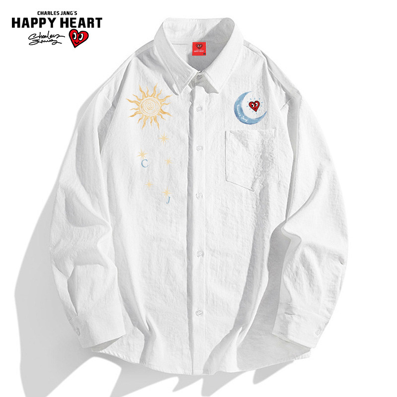 查尔斯桃心美式长袖衬衫男女印花夏季宽松休闲百搭高级感外套衬衣