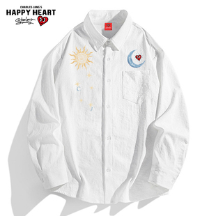 查尔斯桃心美式长袖衬衫男女印花夏季宽松休闲百搭高级感外套衬衣