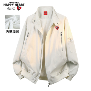 查尔斯桃心美式高街工装飞行员夹克男冬季防泼水加绒加厚情侣外套