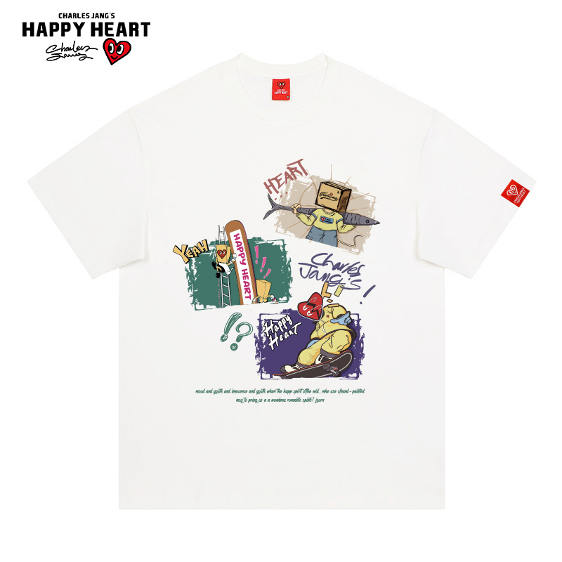 查尔斯桃心 夏季新款休闲趣味卡通动漫印花短袖t恤男落肩圆领纯棉