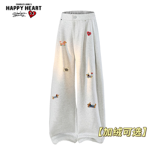 查尔斯桃心 腊肠狗印花裤子男春秋冬季加绒加厚直筒休闲百搭长裤