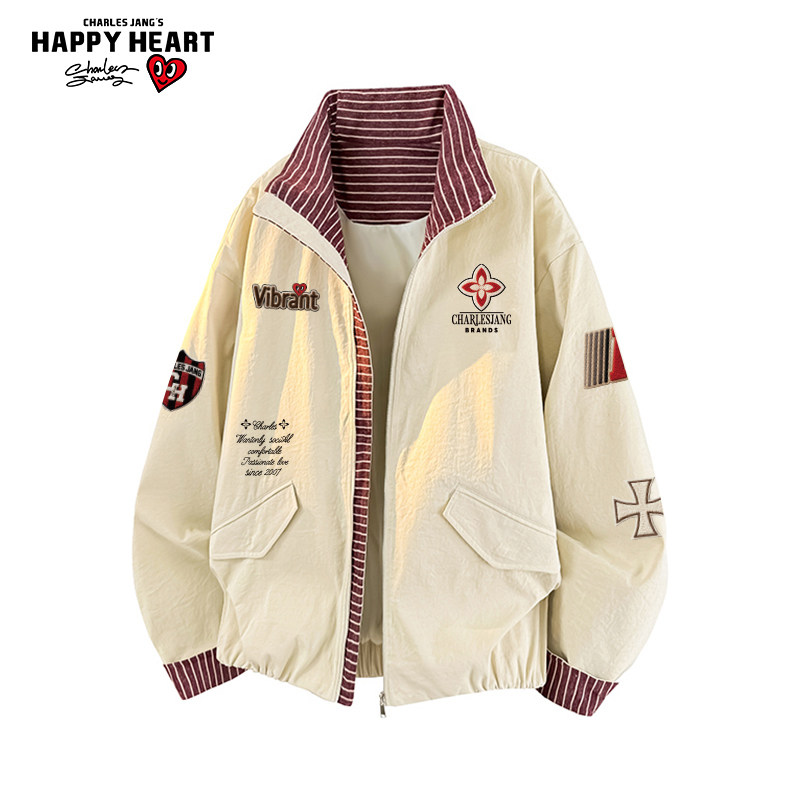 查尔斯桃心美式徽章印花条纹休闲夹克男女新款春上新宽松潮牌外套,男装,夹克,淘宝优惠券,粉丝福利购,淘宝优惠卷
