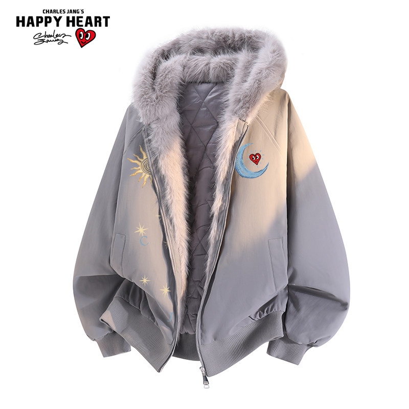 查尔斯桃心座山雕棉衣夹克男女冬季加厚保暖太阳月亮印花棉服外套