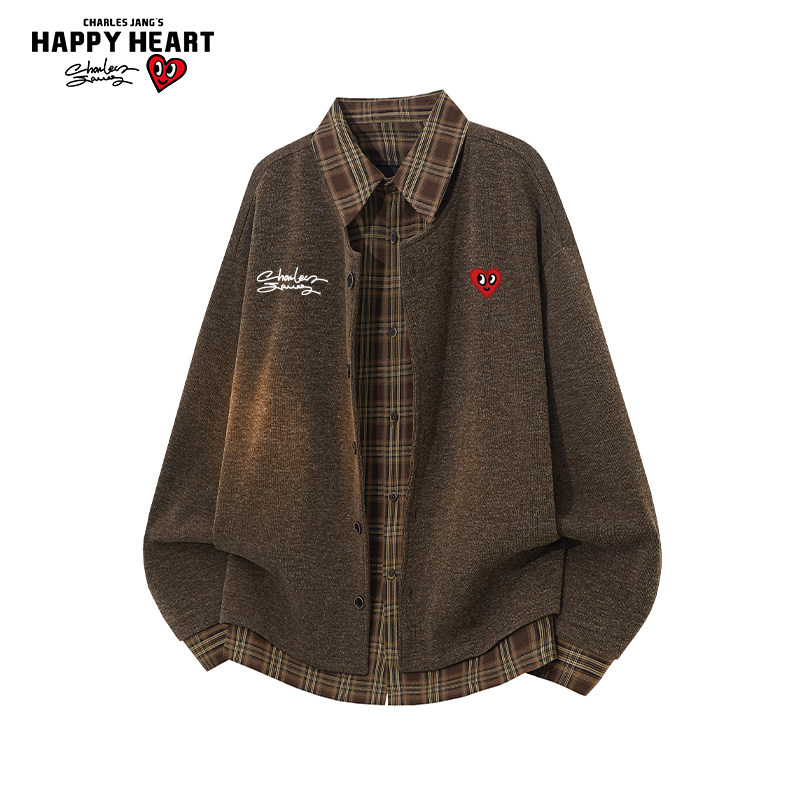 查尔斯桃心拼接假两件针织外套男春秋季百搭休闲宽松潮牌复古夹克