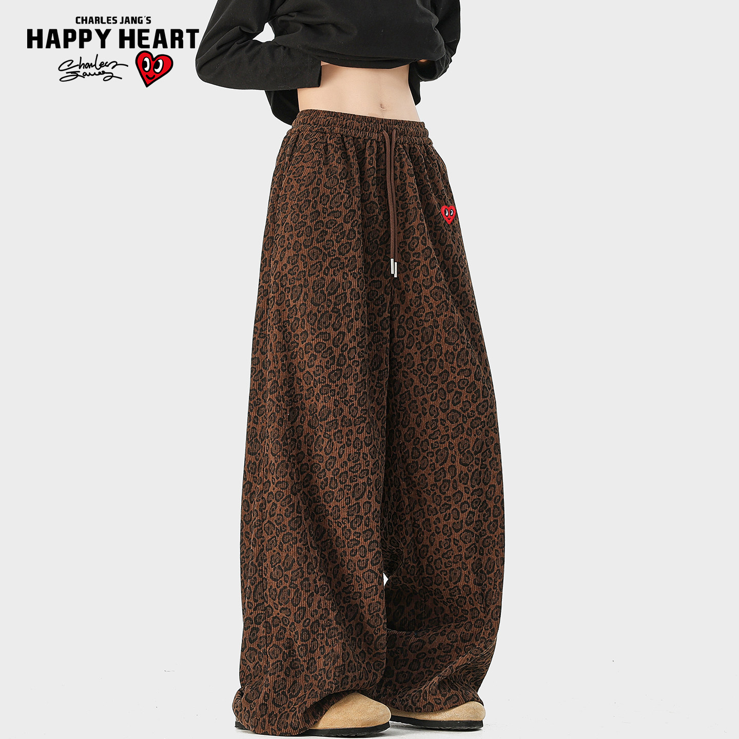 查尔斯桃心美式复古豹纹休闲裤子男女春秋季高街潮牌阔腿拖地长裤,男装,休闲裤,淘宝优惠券,粉丝福利购,淘宝优惠卷