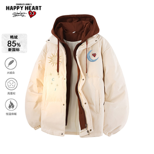 查尔斯桃心美式假两件印花羽绒衣服男女冬季2025新款宽松休闲外套