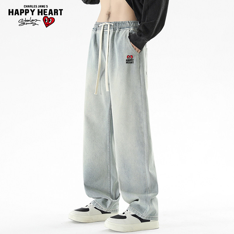 查尔斯桃心 美式水洗做旧牛仔裤男春秋季新款复古抽绳直筒阔腿裤