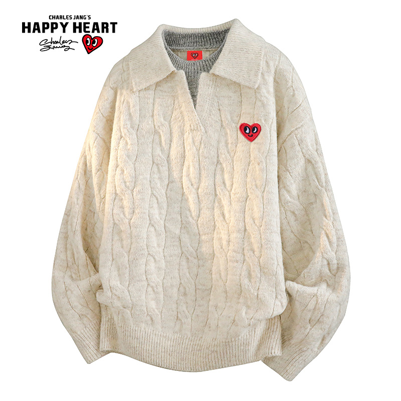 查尔斯桃心纯色V领毛衣男外套