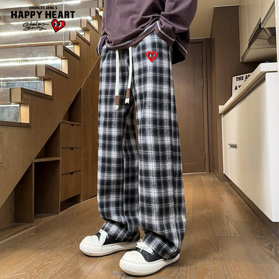 查尔斯桃心格子垂感直筒休闲长裤