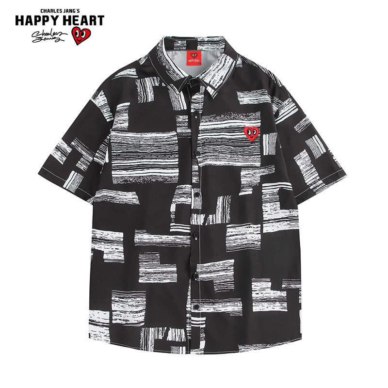 查尔斯桃心 撞色拼接短袖衬衫男夏季高级感痞帅薄款凉感半袖衬衣