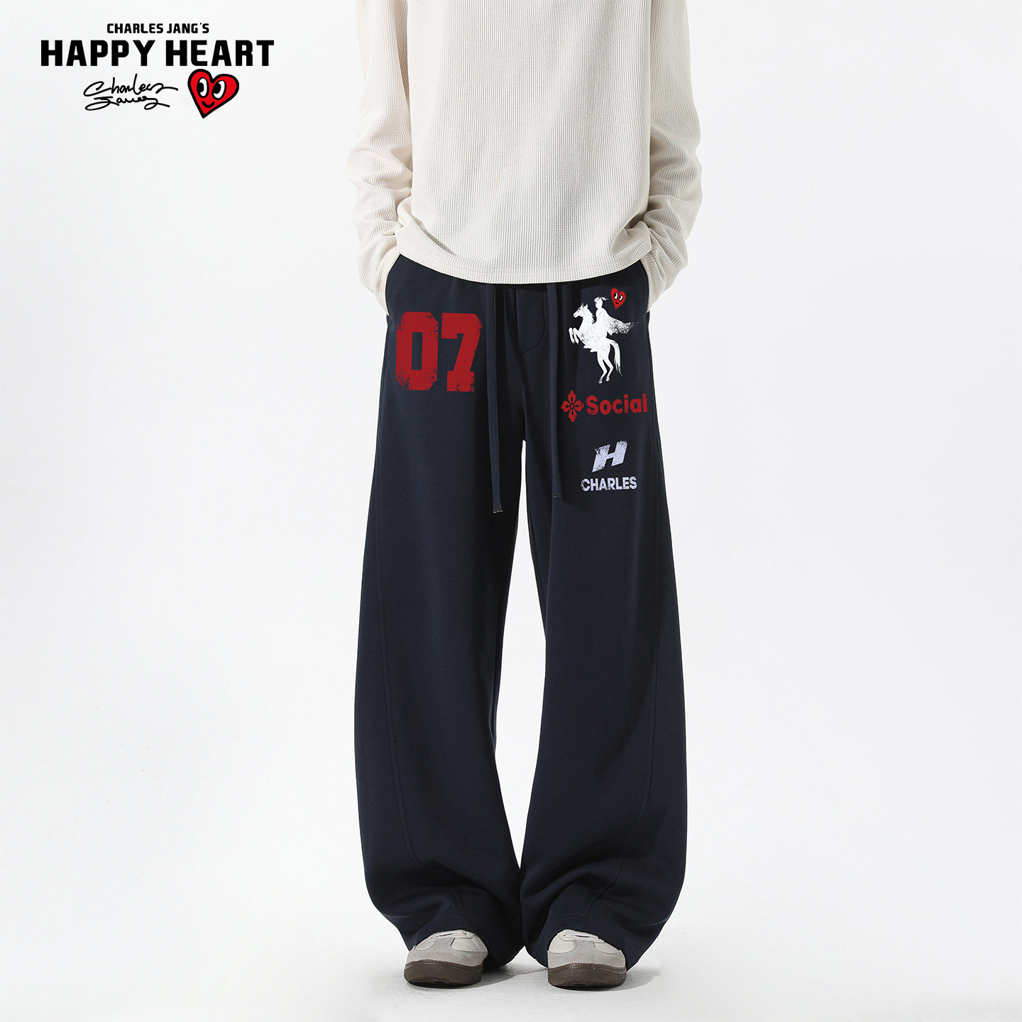 查尔斯桃心美式复古学院风斜切弯刀卫裤男春秋宽松运动休闲长裤子