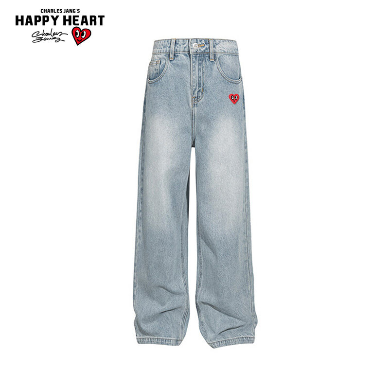 查尔斯桃心 美式复古牛仔裤男宽松潮流百搭阔腿直筒垂感休闲长裤