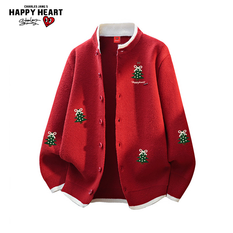 查尔斯桃心圣诞树印花开衫毛衣男女冬季新款