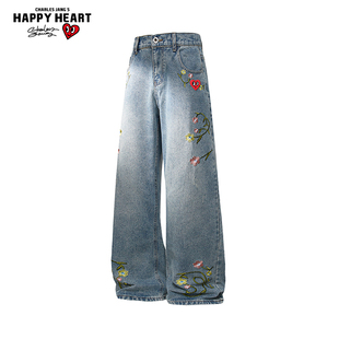 宽松运动休闲直筒裤 男女新款 子 花卉刺绣微喇牛仔裤 查尔斯桃心美式