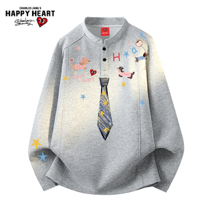小狗领带印花解构情侣上衣 T恤男春秋季 查尔斯桃心美式 亨利领长袖
