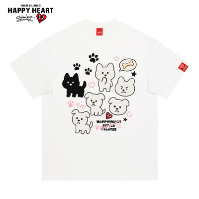 查尔斯桃心 卡通宠物狗表情包印花美式纯棉短袖T恤男女夏季百搭