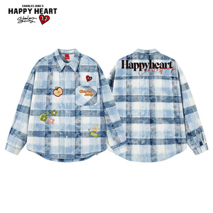 查尔斯桃心长袖衬衫男女春秋季宽松仿刺绣印花格子纹情侣百搭外套