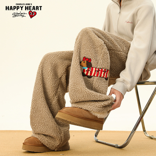 加厚保暖宽松休闲棉裤 冬季 子男女款 查尔斯桃心腊肠狗刺绣羊羔绒裤