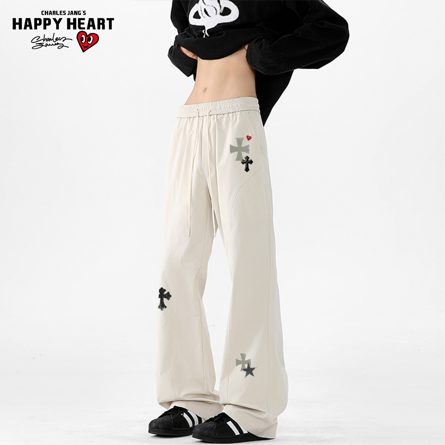 查尔斯桃心美式解构十字架印花弯刀休闲裤子男女春秋情侣微喇长裤
