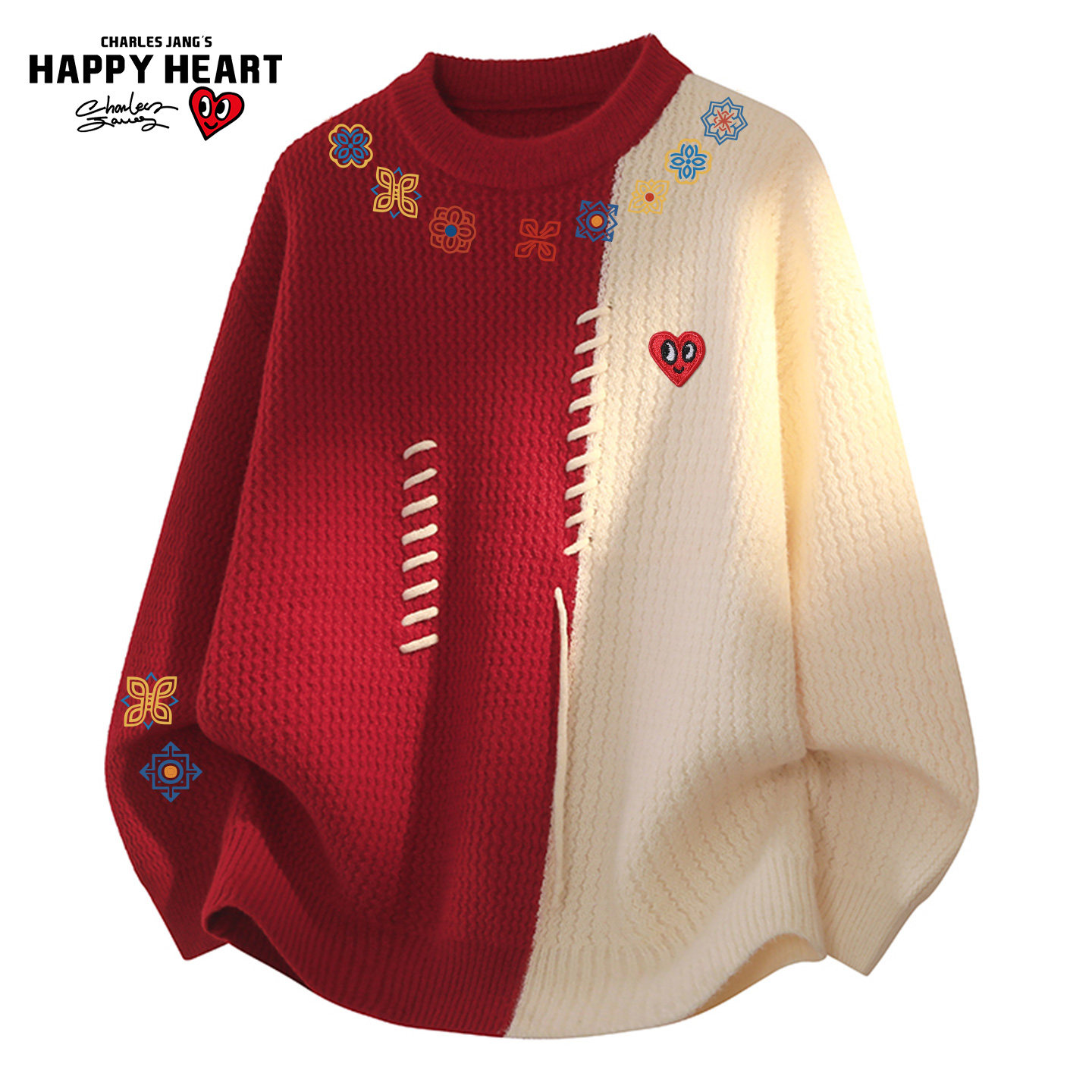 查尔斯桃心新款圆领毛衣男冬季图案印花撞色拼接设计感情侣针织衫,男装,针织衫/毛衣,淘宝优惠券,粉丝福利购,淘宝优惠卷