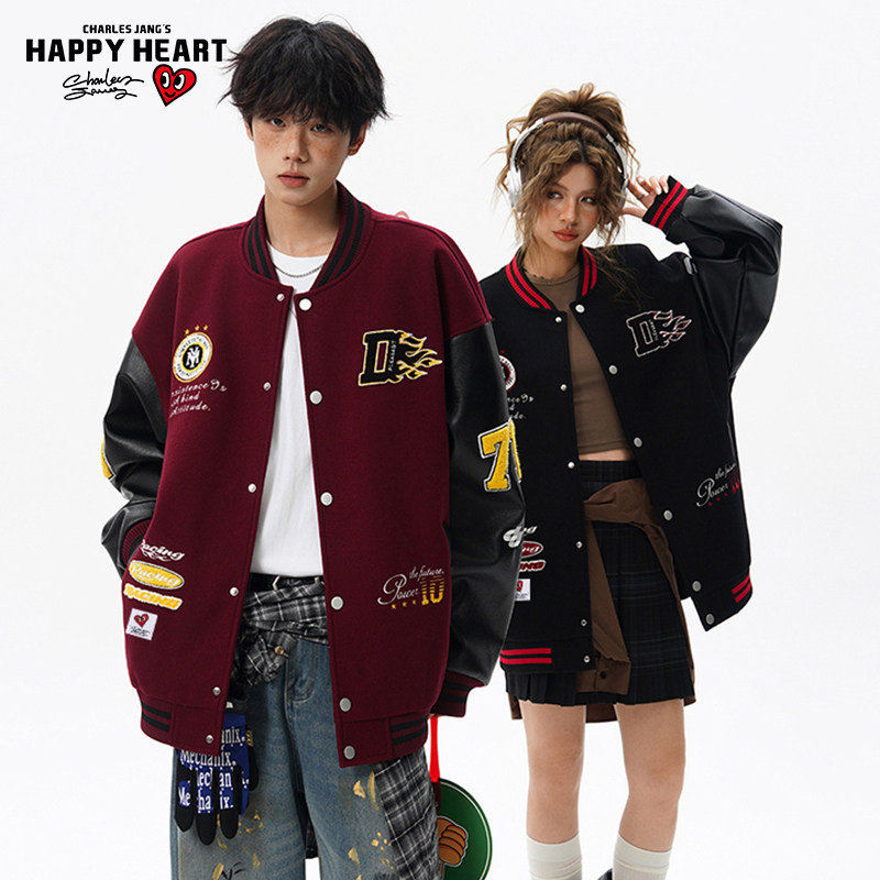 查尔斯桃心美式撞色刺绣拼接夹克棒球服外套男女春秋季宽松情侣,男装,夹克,淘宝优惠券,粉丝福利购,淘宝优惠卷