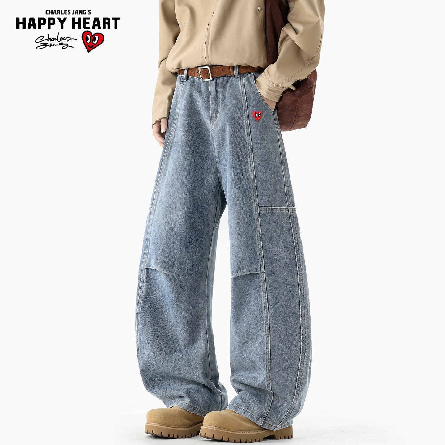 查尔斯桃心美式解构拼接牛仔裤男秋冬复古水洗做旧潮牌阔腿弯刀裤,男装,牛仔裤,淘宝优惠券,粉丝福利购,淘宝优惠卷