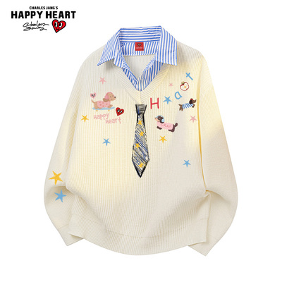 查尔斯桃心衬衫领假两件毛衣男