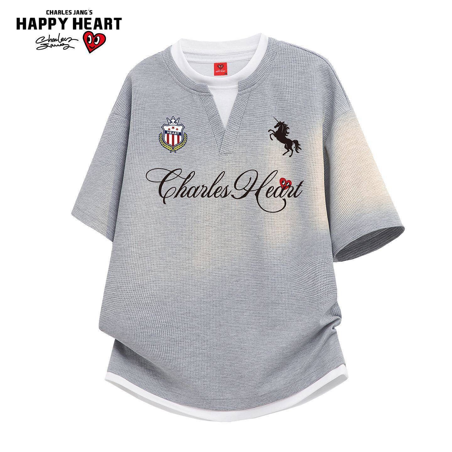 查尔斯桃心 美式撞色假两件徽章涂鸦透气短袖T恤男女宽松半袖上衣