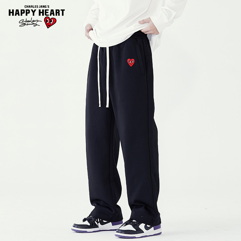 查尔斯桃心 休闲裤子男春秋夏季宽松直筒阔腿抽绳爱心刺绣长裤