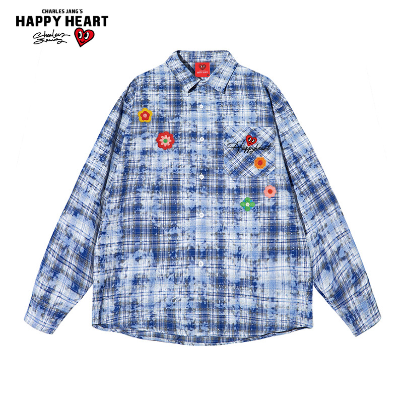 查尔斯桃心美式扎染长袖衬衫