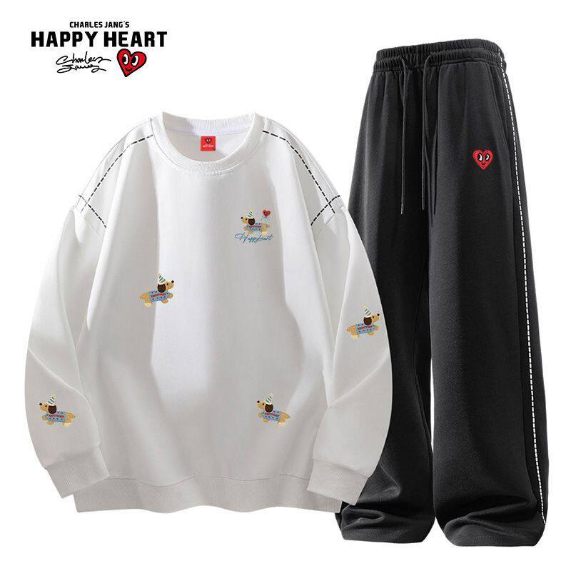 查尔斯桃心春季情侣腊肠狗印花圆领卫衣套装条纹宽松休闲裤两件套