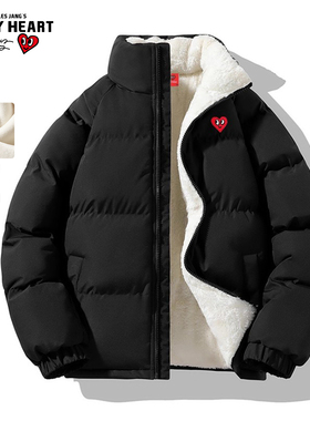 查尔斯桃心立领棉服男士冬季2025新款加绒加厚宽松羊羔绒棉衣外套