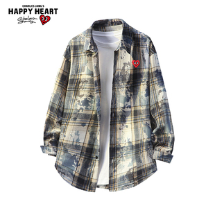 查尔斯桃心美式扎染泼墨格子长袖衬衫男女春秋季新款休闲衬衣外套