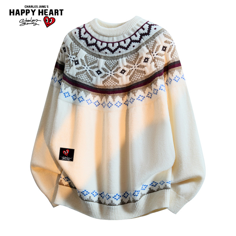 查尔斯桃心 美式费尔岛毛衣男冬季慵懒风提花宽松圆领针织衫上衣